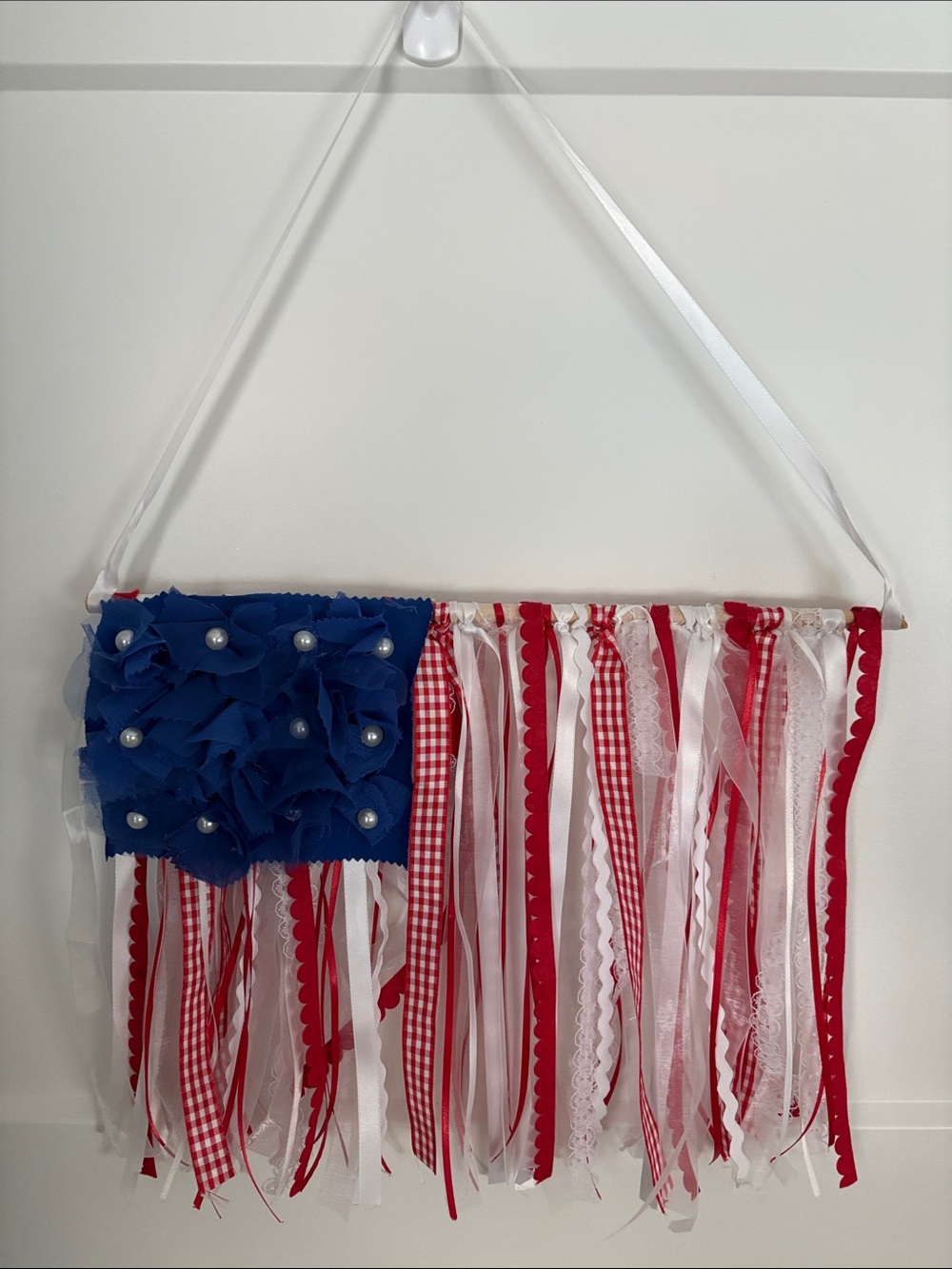 Hand Crafted Red White and Blue Ribbon Flag Wall Hanging